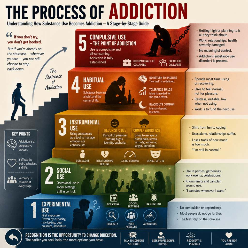Square infographic titled “The Process of Addiction: Understanding How Substance Use Becomes Addiction — A Stage-by-Stage Guide.” The design features a large staircase with five color-coded steps illustrating the progression of addiction. The staircase begins with Experimental Use (blue), showing curiosity, peer pressure, risk-taking, and adventure. It progresses to Social Use (green), depicting people drinking in social settings while remaining in control. The third step, Instrumental Use (yellow-orange), shows a person using substances to cope with emotions, with sections for hedonistic and compensatory use. The fourth step, Habitual Use (orange), illustrates increasing dependence, tolerance, blackouts, and substance use becoming central to life. The top step, Compulsive Use – The Point of Addiction (red), depicts a distressed individual sitting in chains, symbolizing loss of control, addiction, and severe social and occupational consequences. Alongside each stage are brief explanatory bullet points describing behaviors, warning signs, and risks. A silhouette of a person climbing the staircase reinforces the idea of addiction as a gradual process. The footer emphasizes hope and recovery with messages encouraging awareness, talking to trusted people, seeking professional support, and recognizing that recovery is possible at every stage. The overall tone is educational, informative, and supportive, using a color gradient from blue to red to represent increasing risk and severity.